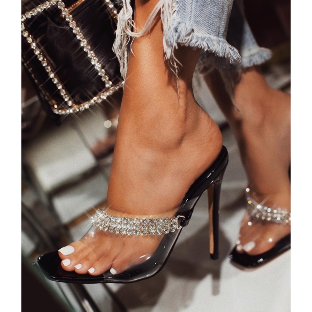 RHINESTONE Slip On Clear Strap Square Toe Heels
